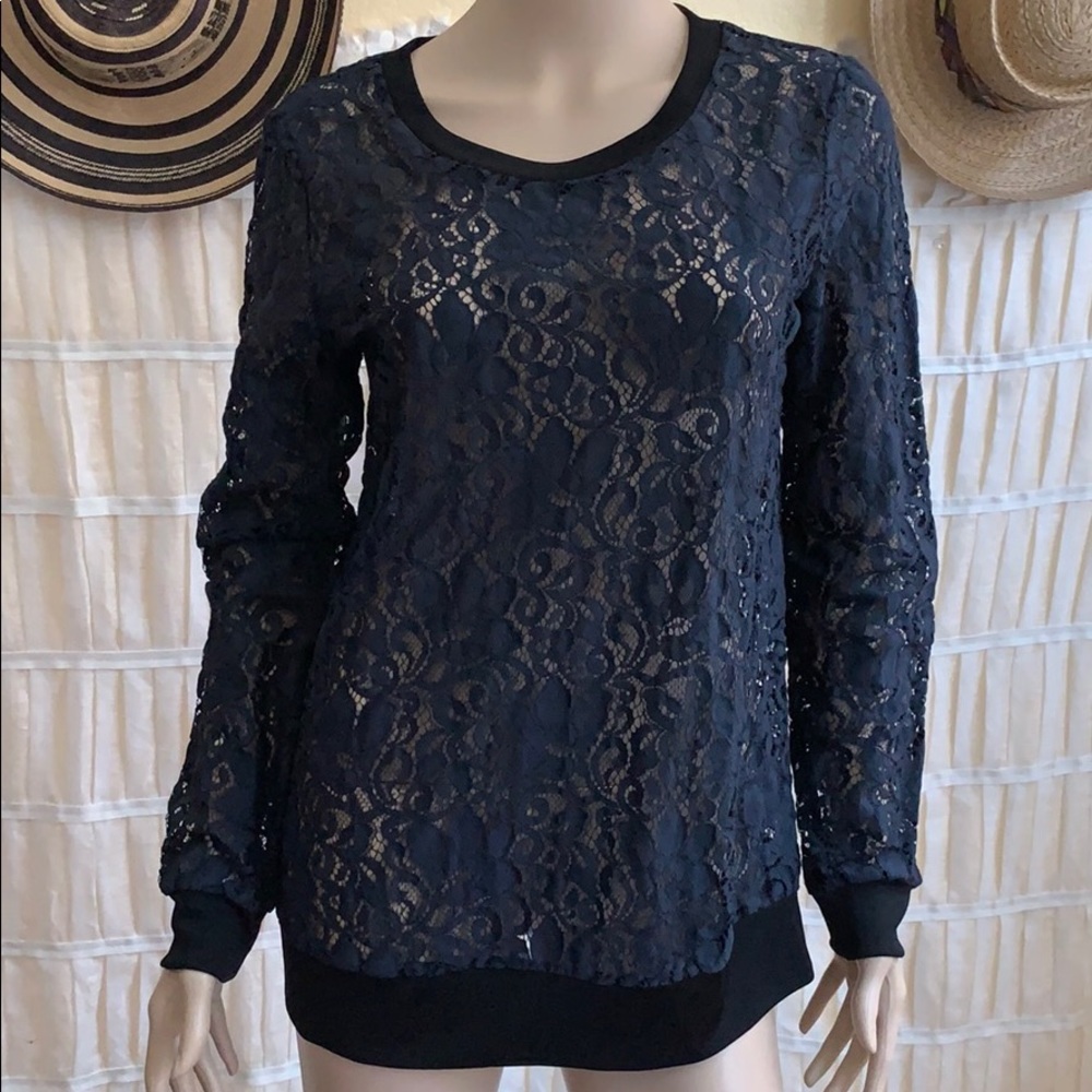 THEORY Black Floral Lace Sweater Top Size M